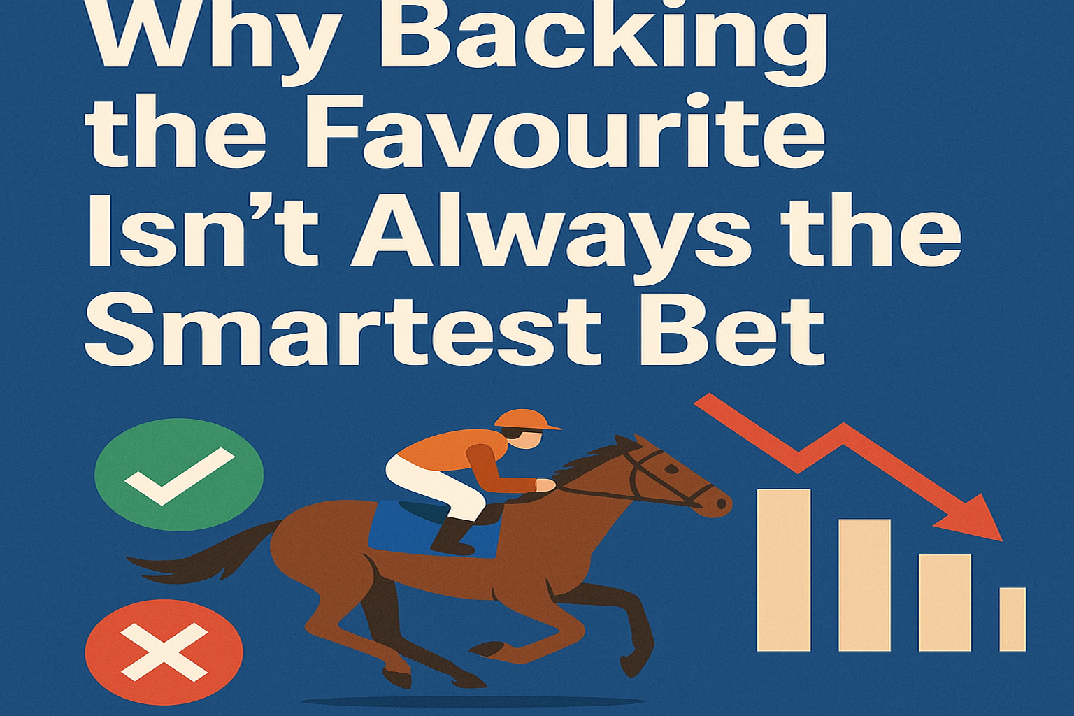 Bold graphic featuring the text 'Why Backing the Favourite Isn’t Always the Smartest Bet' with a jockey riding a racehorse, betting symbols, and a downward bar chart indicating poor performance.