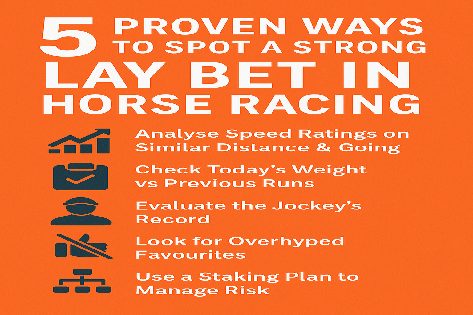 Infographic titled '5 Proven Ways to Spot a Strong Lay Bet in Horse Racing' listing tips including speed ratings, weight checks, jockey record, overhyped favourites, and staking plans.